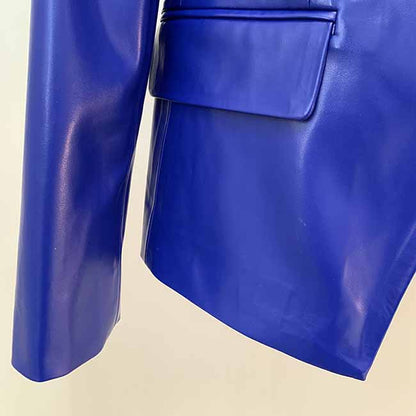Women's Luxury Faux Leather Collar Fitted Blazer Golden Lion Buttons Royal Blue