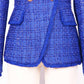 Women Tassel Fringe Trim Metal Lion Buttons Golden Checked Tweed Blazer Jacket Royal Blue