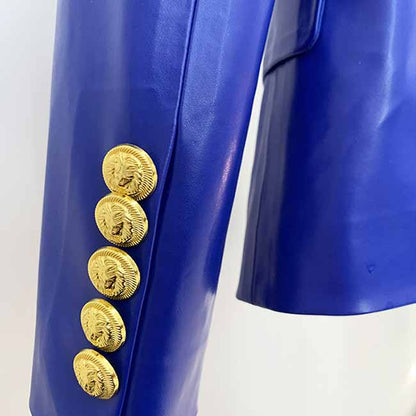 Women's Luxury Faux Leather Collar Fitted Blazer Golden Lion Buttons Royal Blue