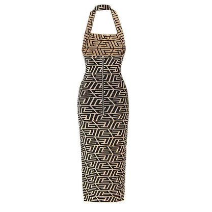 Women Sleeveless Halter Bra Knitted Long Dress Slim Geometric Pattern Dress
