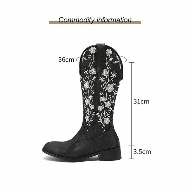 Women's Retro Western Cowboy Boots Embroidered Mid Calf Chunky Boots