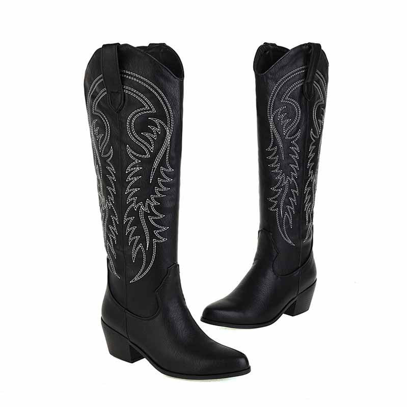 Cowgirl Western Boots Women Embroidered Pull-On Knee High Booties