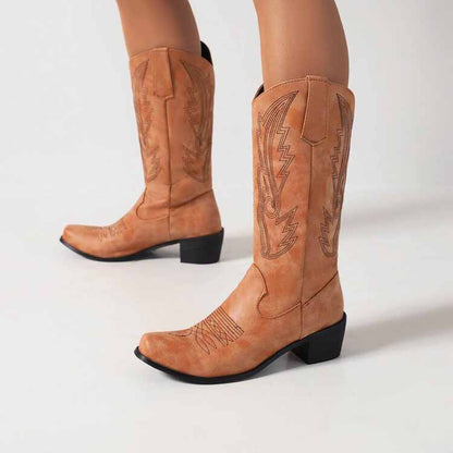 Women's Western Cowboy Boots Block Heel Mid Calf Cowgirl Boots