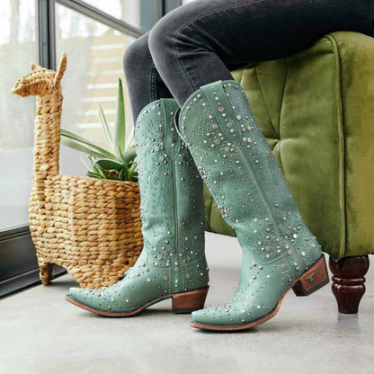 Women Metal Element Cowgirl Boots Studded Western Riding Boots