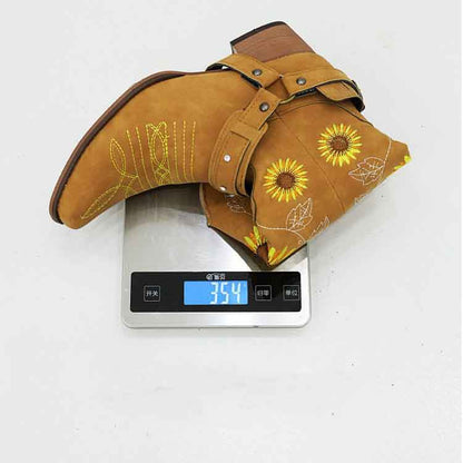 Women Floral Embroidered Cowgirl Boots Chunky Heel Mid Calf Western Boots