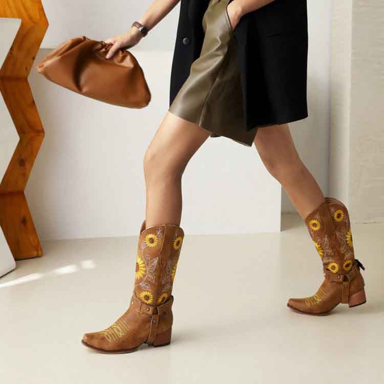 Women Floral Embroidered Cowgirl Boots Chunky Heel Mid Calf Western Boots