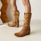 Women Floral Embroidered Cowgirl Boots Chunky Heel Mid Calf Western Boots