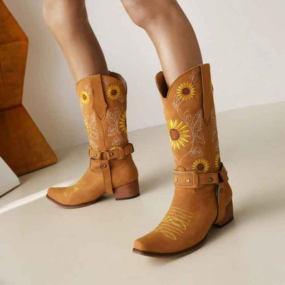 Women Floral Embroidered Cowgirl Boots Chunky Heel Mid Calf Western Boots