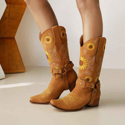 Women Floral Embroidered Cowgirl Boots Chunky Heel Mid Calf Western Boots