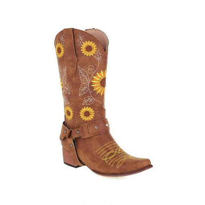 Women Floral Embroidered Cowgirl Boots Chunky Heel Mid Calf Western Boots