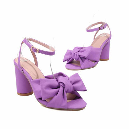 Women's Bow Knot Heeled Sandals Bridal Wedding Ankle Strap Chunky Heels