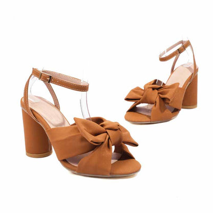 Women's Bow Knot Heeled Sandals Bridal Wedding Ankle Strap Chunky Heels