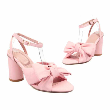 Women's Bow Knot Heeled Sandals Bridal Wedding Ankle Strap Chunky Heels