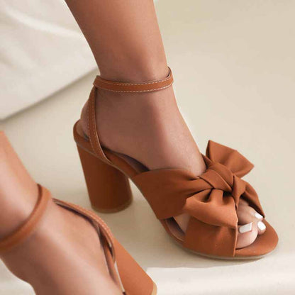 Women's Bow Knot Heeled Sandals Bridal Wedding Ankle Strap Chunky Heels
