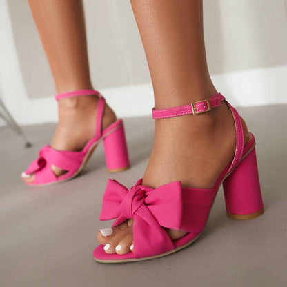 Women's Bow Knot Heeled Sandals Bridal Wedding Ankle Strap Chunky Heels