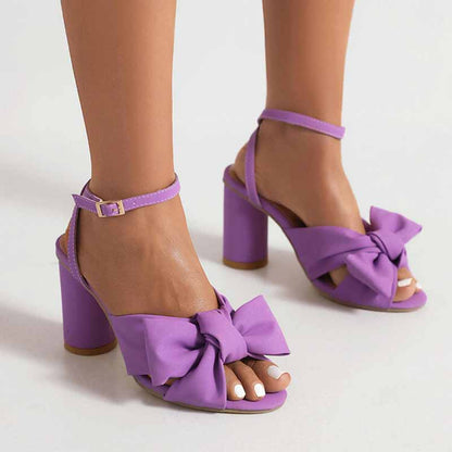 Women's Bow Knot Heeled Sandals Bridal Wedding Ankle Strap Chunky Heels