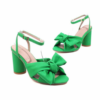 Women's Bow Knot Heeled Sandals Bridal Wedding Ankle Strap Chunky Heels