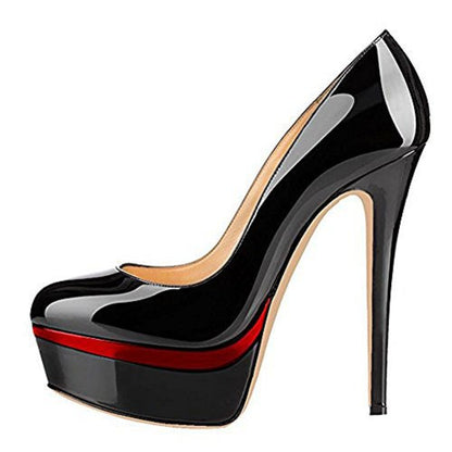 Tucomosi pointed toe platform pumps in glossy black with high heels and a stylish red sole