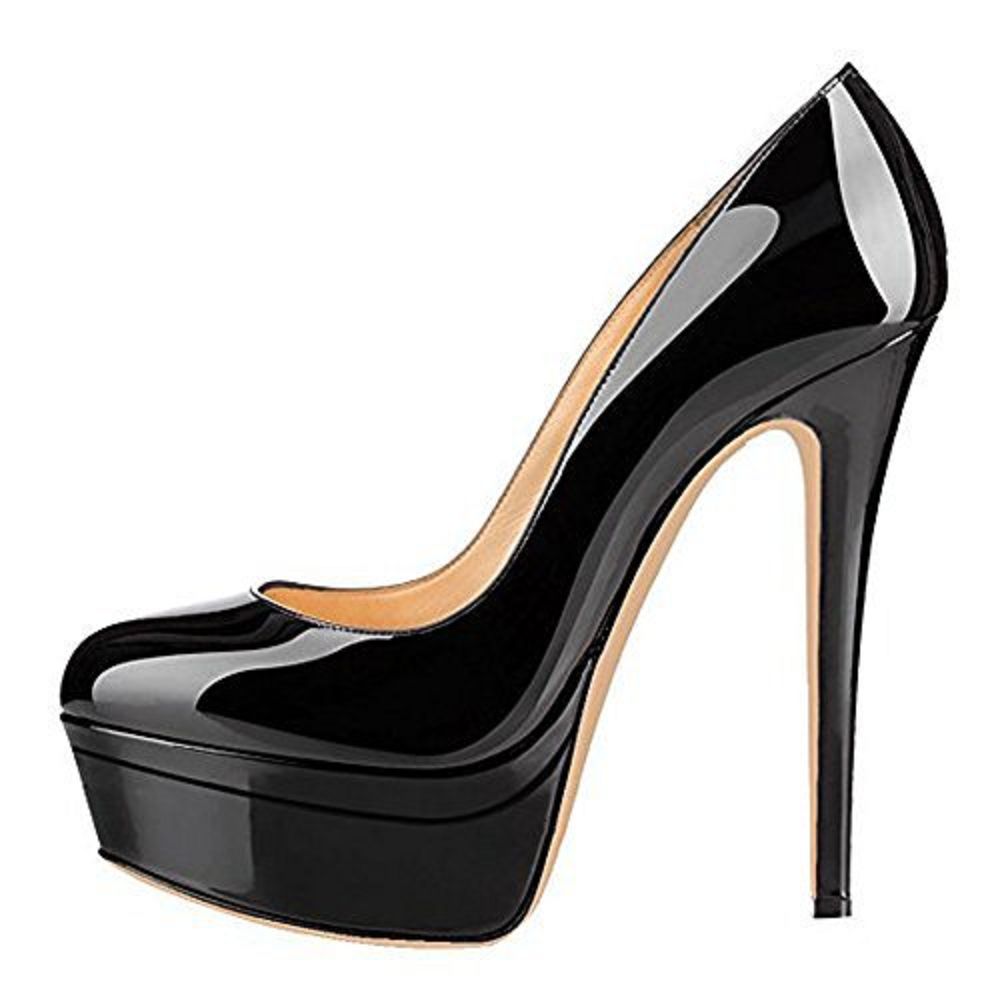 Elegant black pointed toe platform pumps by Tucomosi with a sleek glossy finish and high stiletto heel