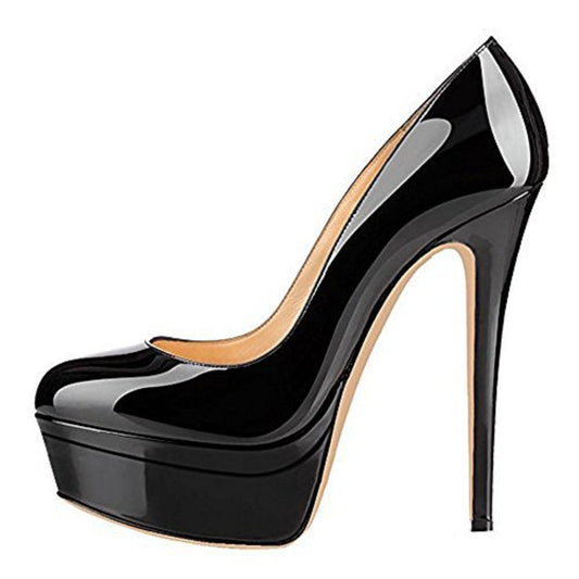 Elegant black pointed toe platform pumps by Tucomosi with a sleek glossy finish and high stiletto heel