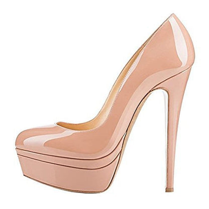 Tucomosi pointed toe platform pumps in nude patent leather with high stiletto heels