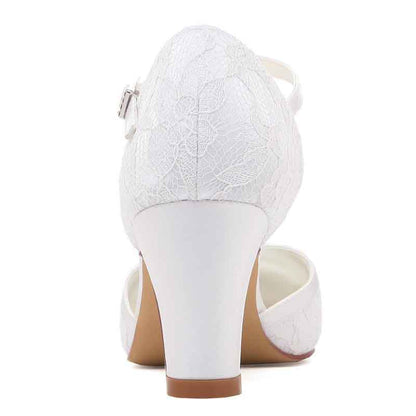 Back view of TC bridal closed toe block heel shoes featuring elegant lace detailing