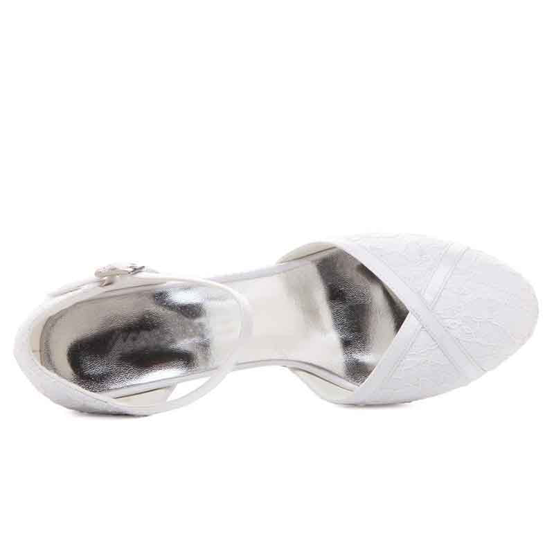 Elegant TC bridal closed toe block heel shoes with lace detailing for a stylish wedding look