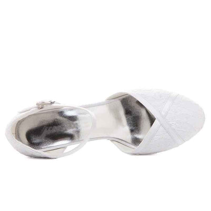 Elegant TC bridal closed toe block heel shoes with lace detailing for a stylish wedding look