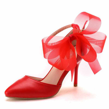 bridal closed toe high heel sandals in red with a decorative bow for stylish brides