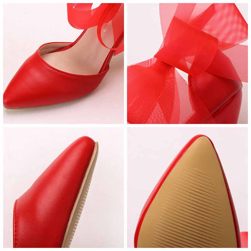 Bridal Closed Toe High Heel Sandals in Red with Elegant Ribbons and Sleek Design
