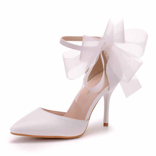 bridal closed toe high heel sandals with elegant bow detail for wedding or special occasions