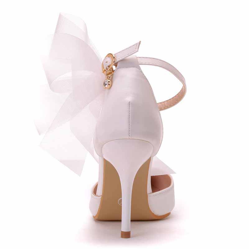 bridal closed toe high heel sandals with elegant bow and ankle strap detail
