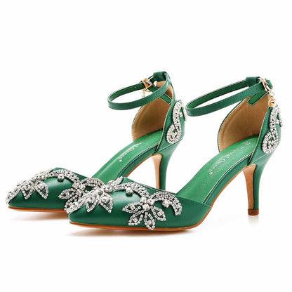 Elegant green bridal crystal heels for wedding featuring intricate rhinestone embellishments and an ankle strap