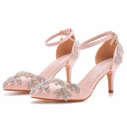 Elegant pink bridal crystal heels for wedding with stunning embellishments and ankle straps