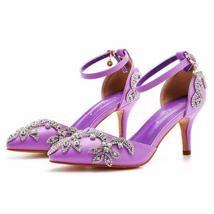 Stylish purple bridal crystal heels for wedding with elegant floral embellishments and ankle straps