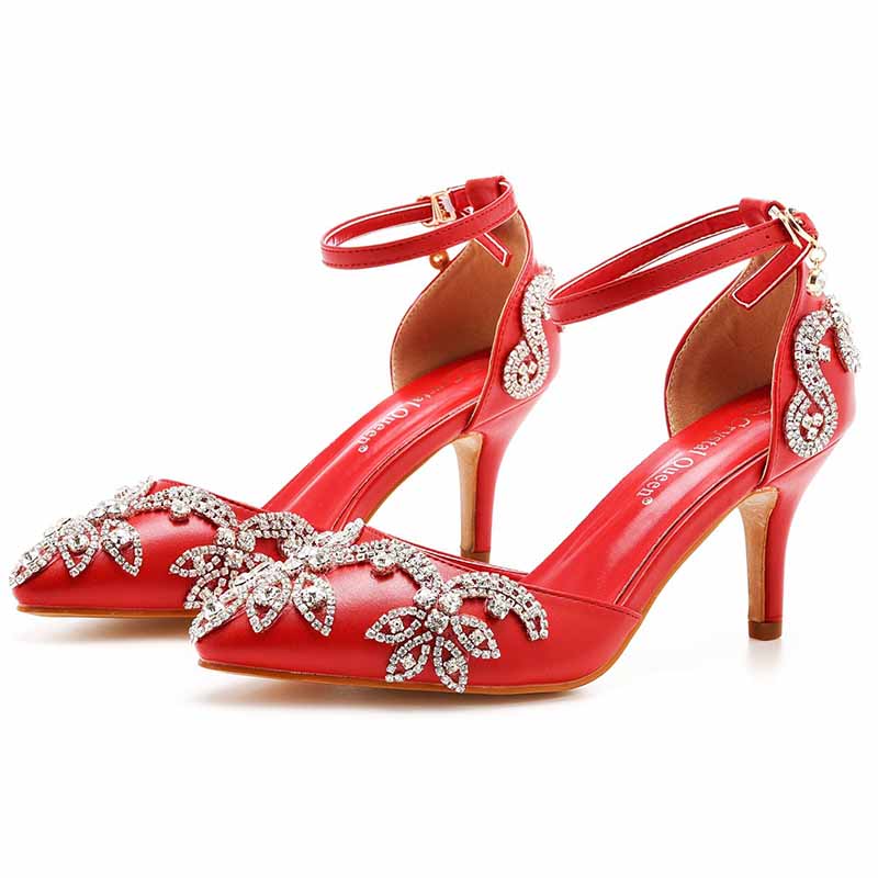 Red bridal crystal heels for wedding featuring elegant embellished design with ankle straps