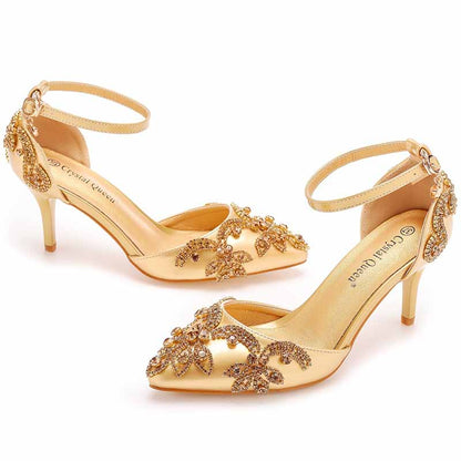 Elegant bridal crystal heels for wedding with floral embellishments in gold