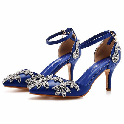 Elegant blue bridal crystal heels for wedding with intricate jeweled embellishments and a stylish ankle strap