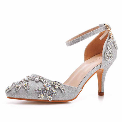 Elegant bridal crystal heels for wedding featuring silver accents and ankle strap for a stunning look