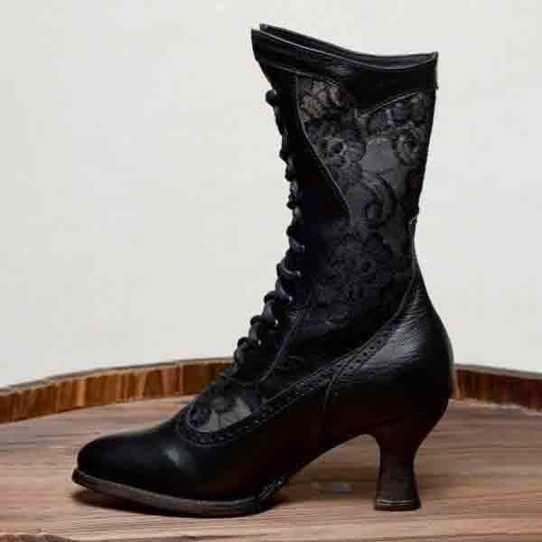 Elegant black bridal lace up boots for wedding featuring stylish lace design and a chic heel