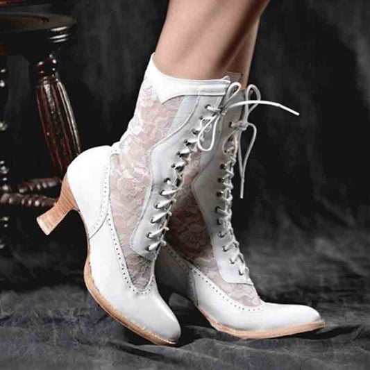 Elegant bridal lace up boots for wedding featuring lace detailing and stylish heel