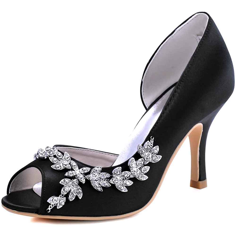Elegant black bridal peep toe wedding heels adorned with sparkling floral embellishments