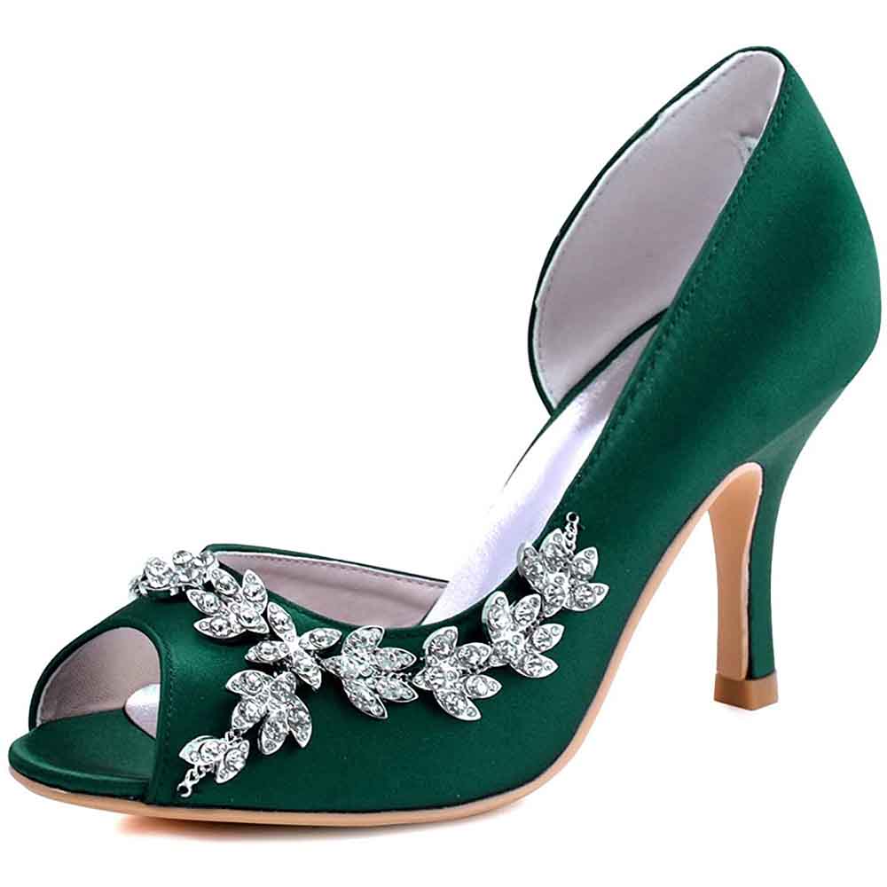 Elegant bridal peep toe wedding heels in green satin with crystal embellishments and a stylish stiletto heel