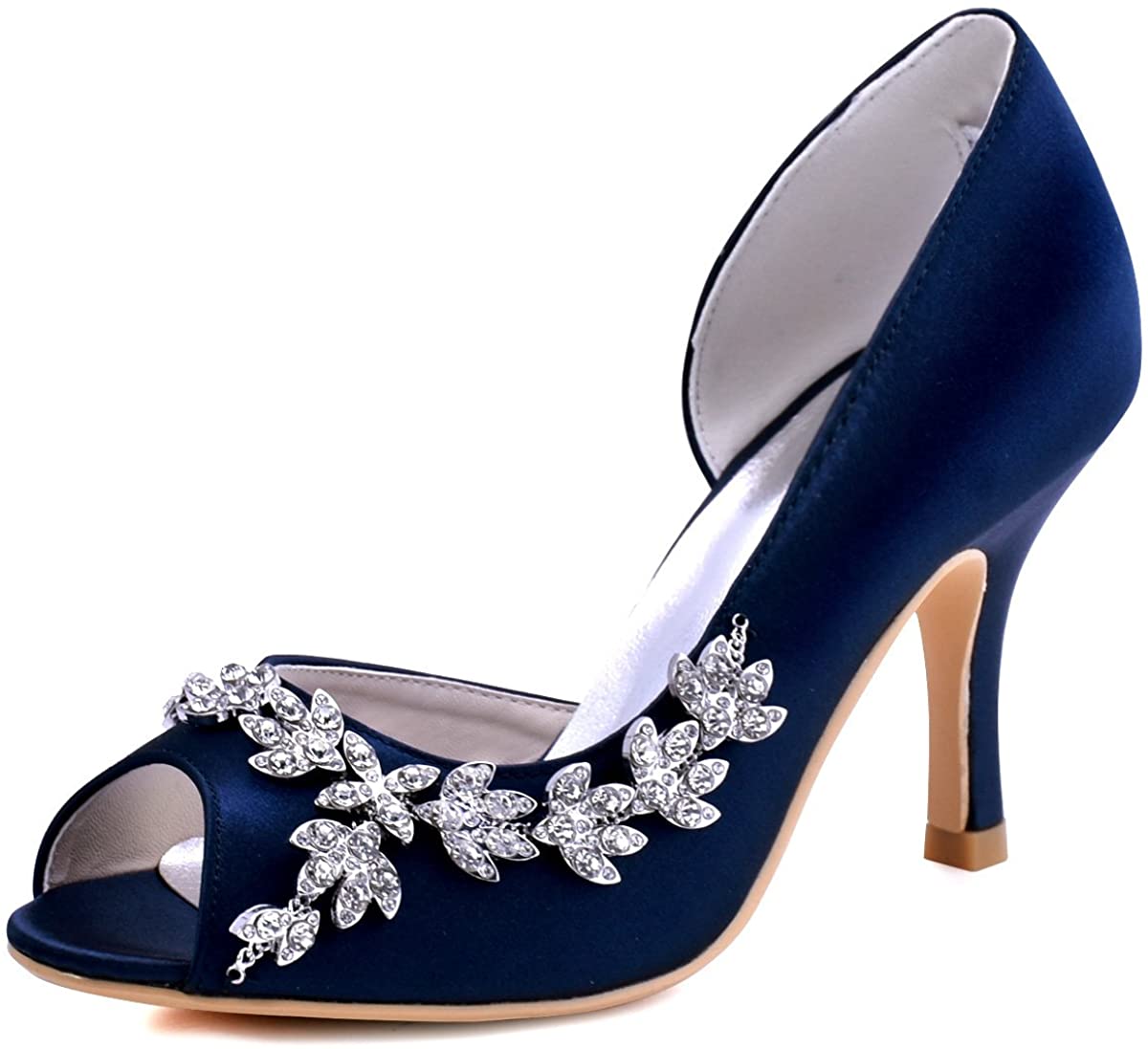 Bridal peep toe wedding heels in navy satin with elegant floral embellishments