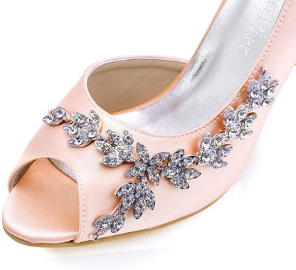 Bridal peep toe wedding heels in soft peach satin with elegant crystal embellishments