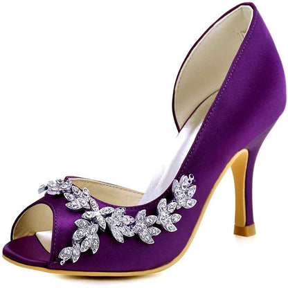 Purple bridal peep toe wedding heels adorned with decorative crystals for a stylish look