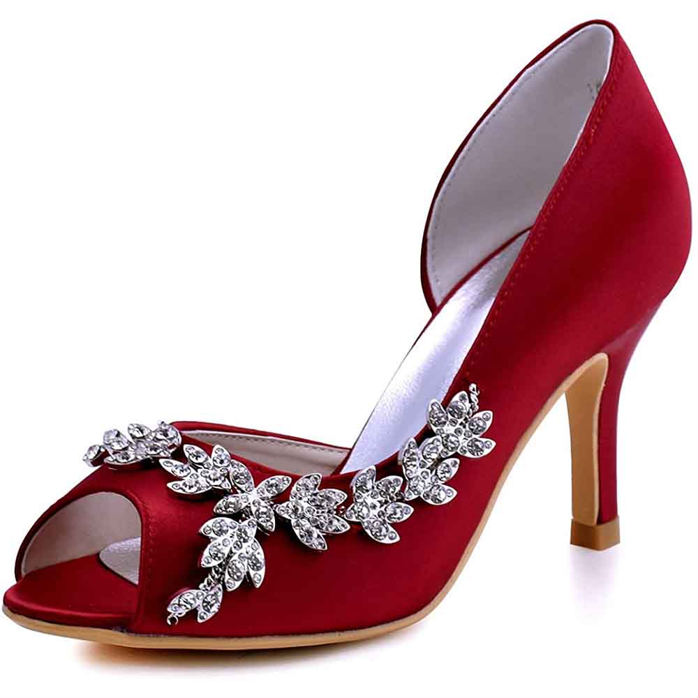 Red bridal peep toe wedding heels with sparkling embellishments and elegant design