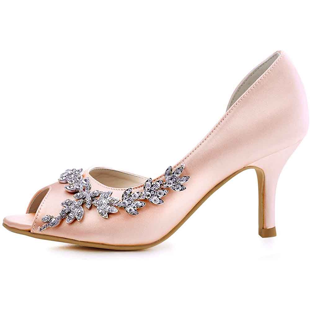 Bridal peep toe wedding heels in soft pink satin with floral rhinestone embellishments