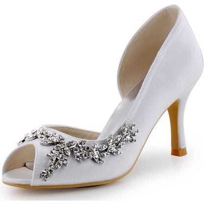 Elegant bridal peep toe wedding heels featuring rhinestone embellishments for a stunning bridal look