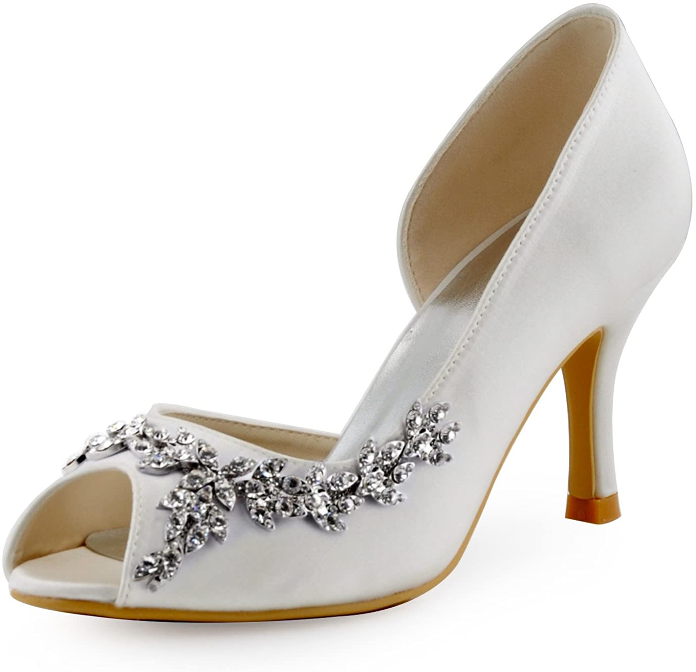 Bridal peep toe wedding heels with elegant rhinestone embellishments and sleek satin finish